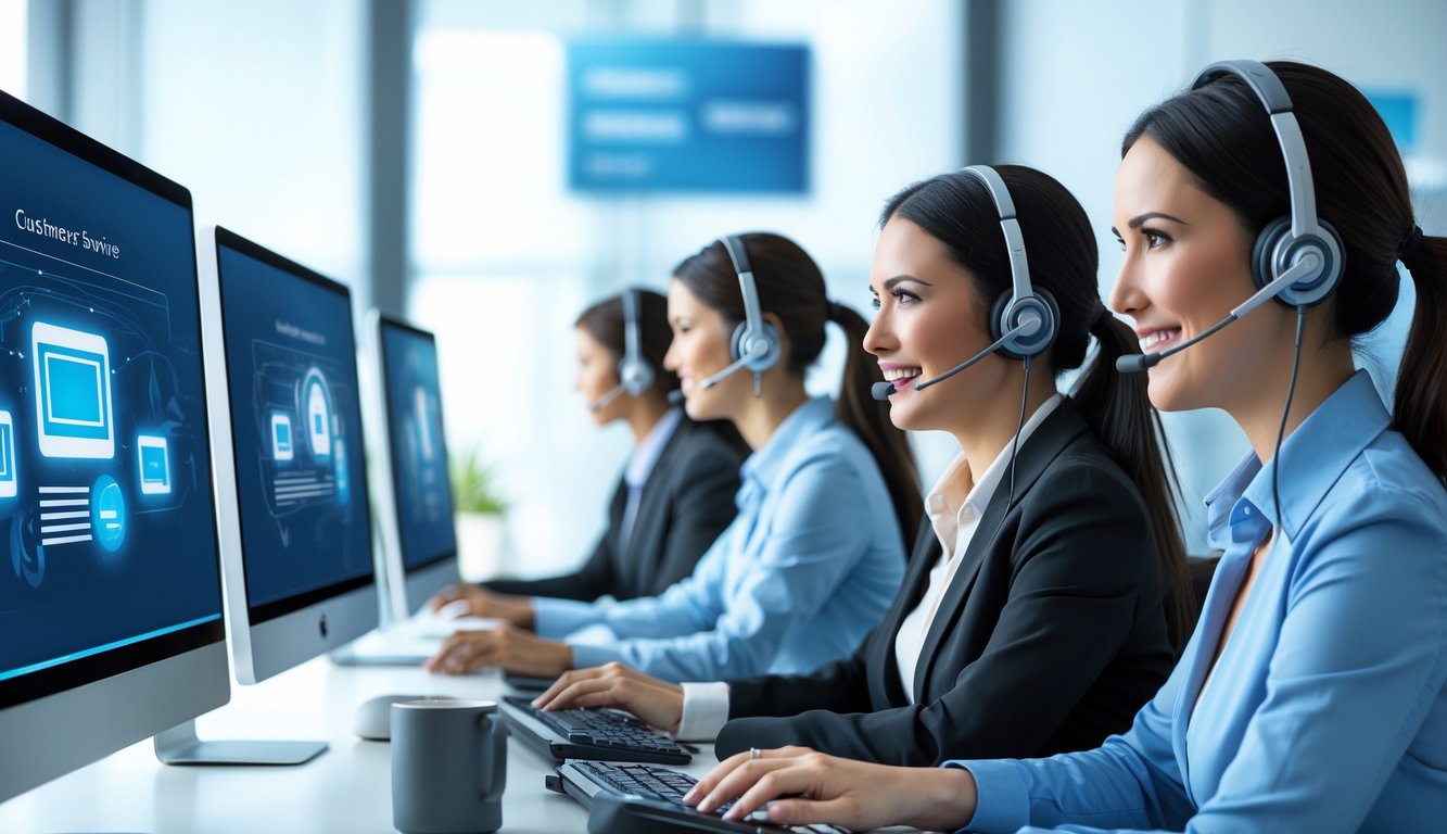 Sejumlah staf layanan pelanggan sedang bekerja dengan headset di kantor modern yang terang dan profesional.