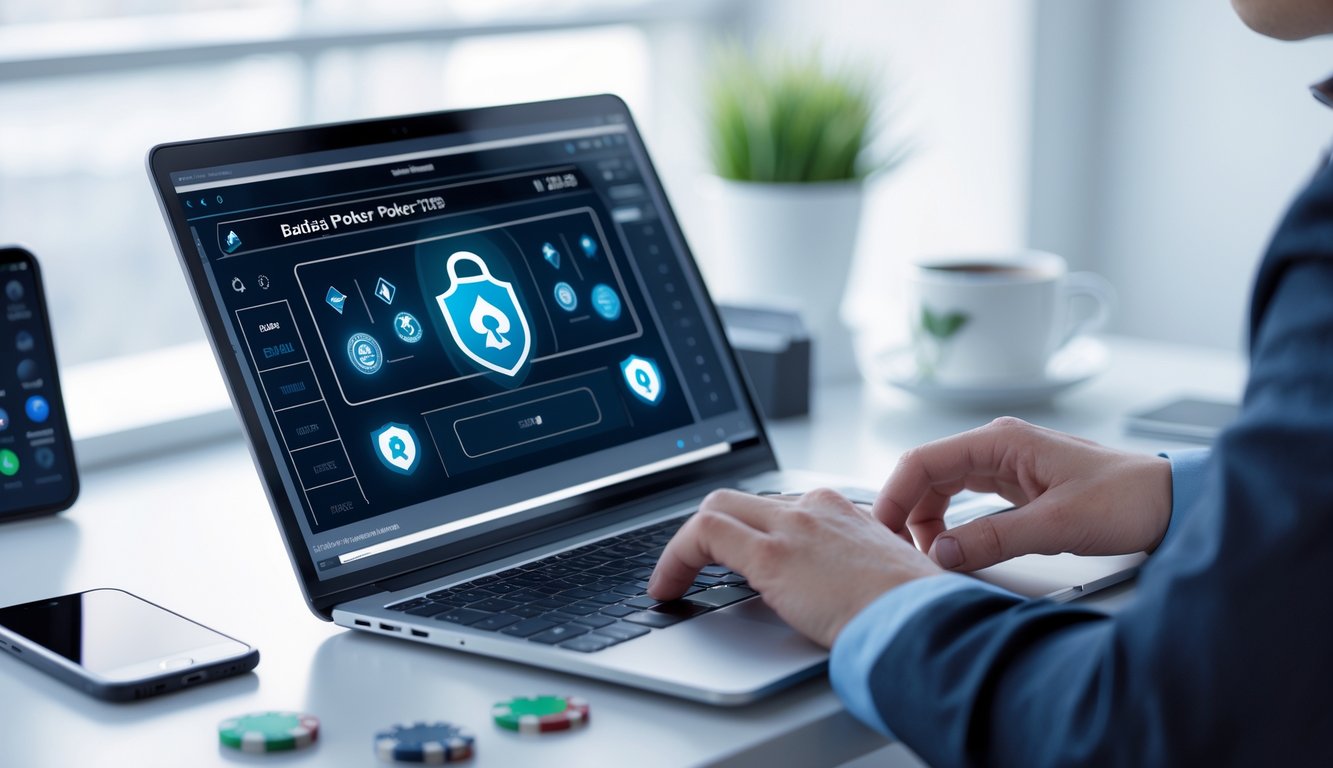 Seseorang menggunakan laptop di meja kerja modern dengan tampilan permainan poker online, dikelilingi oleh chip poker dan kartu, menunjukkan suasana kerja yang profesional dan aman.