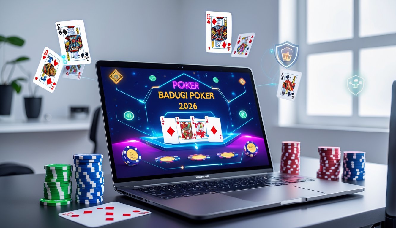 Sebuah meja kerja modern dengan komputer menampilkan permainan poker Badugi online, dikelilingi oleh chip dan kartu poker, menunjukkan suasana permainan yang cepat dan aman.