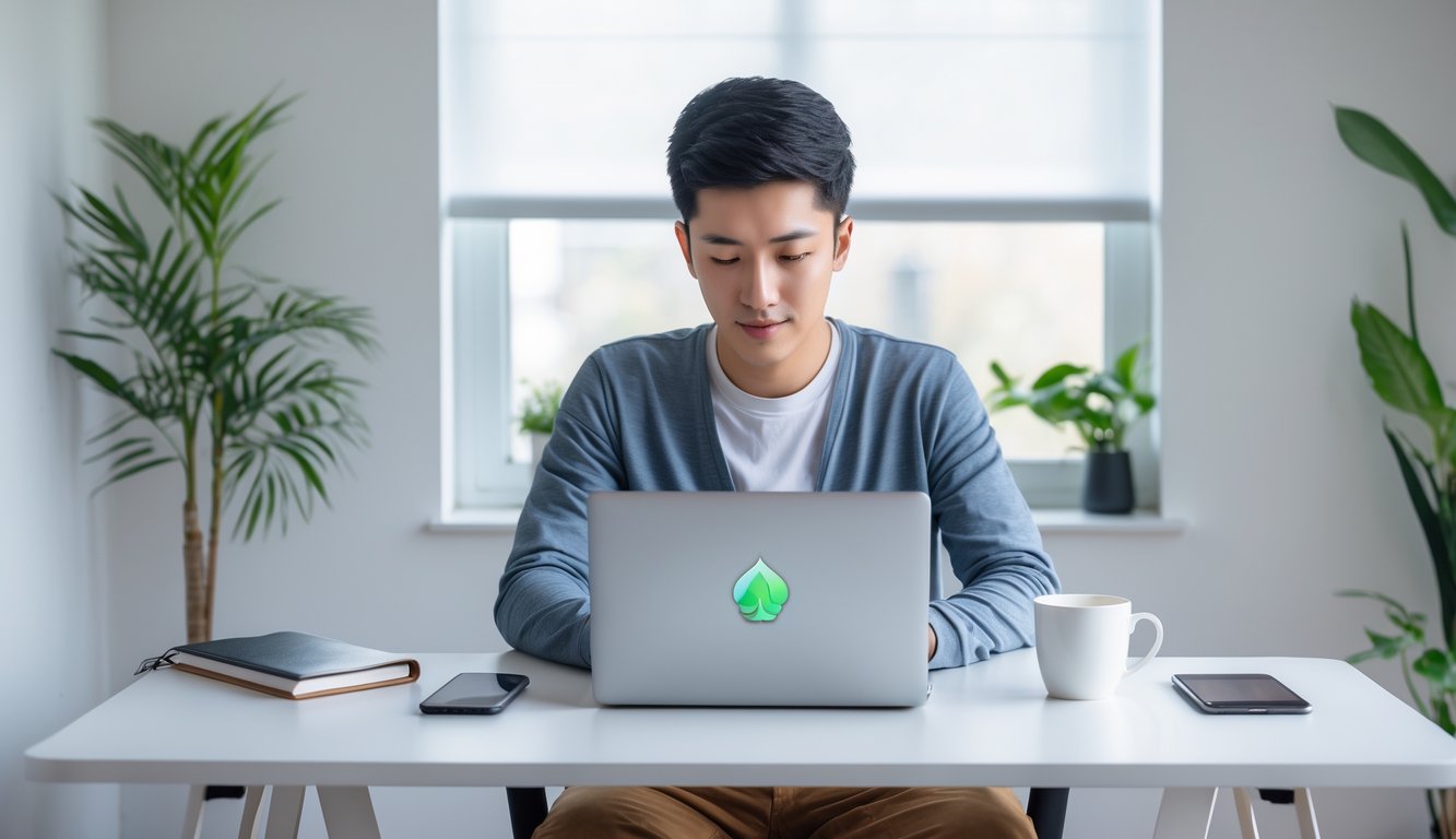 Seseorang duduk di meja dengan laptop, tampak fokus mendaftar permainan poker online di ruangan yang terang dan rapi.