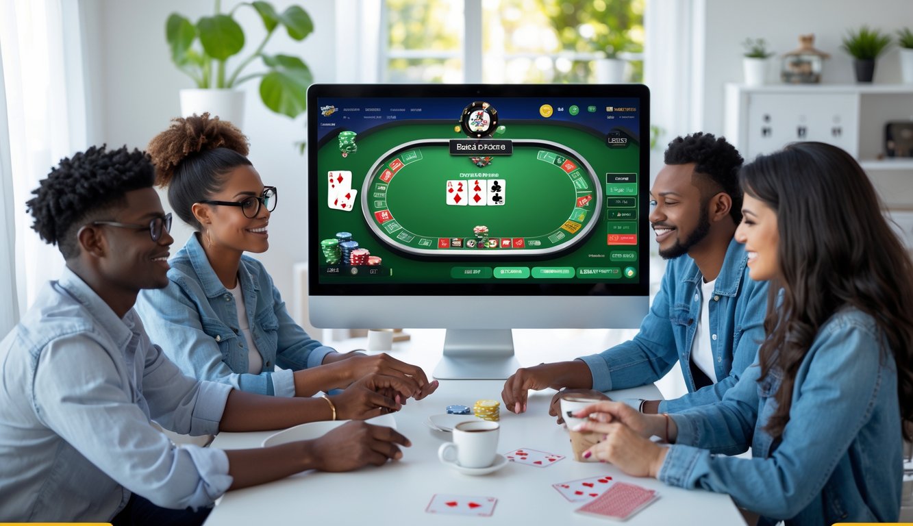 Sekelompok orang muda sedang berkumpul di sekitar meja poker digital dengan komputer dan tablet yang menampilkan permainan poker Badugi online.