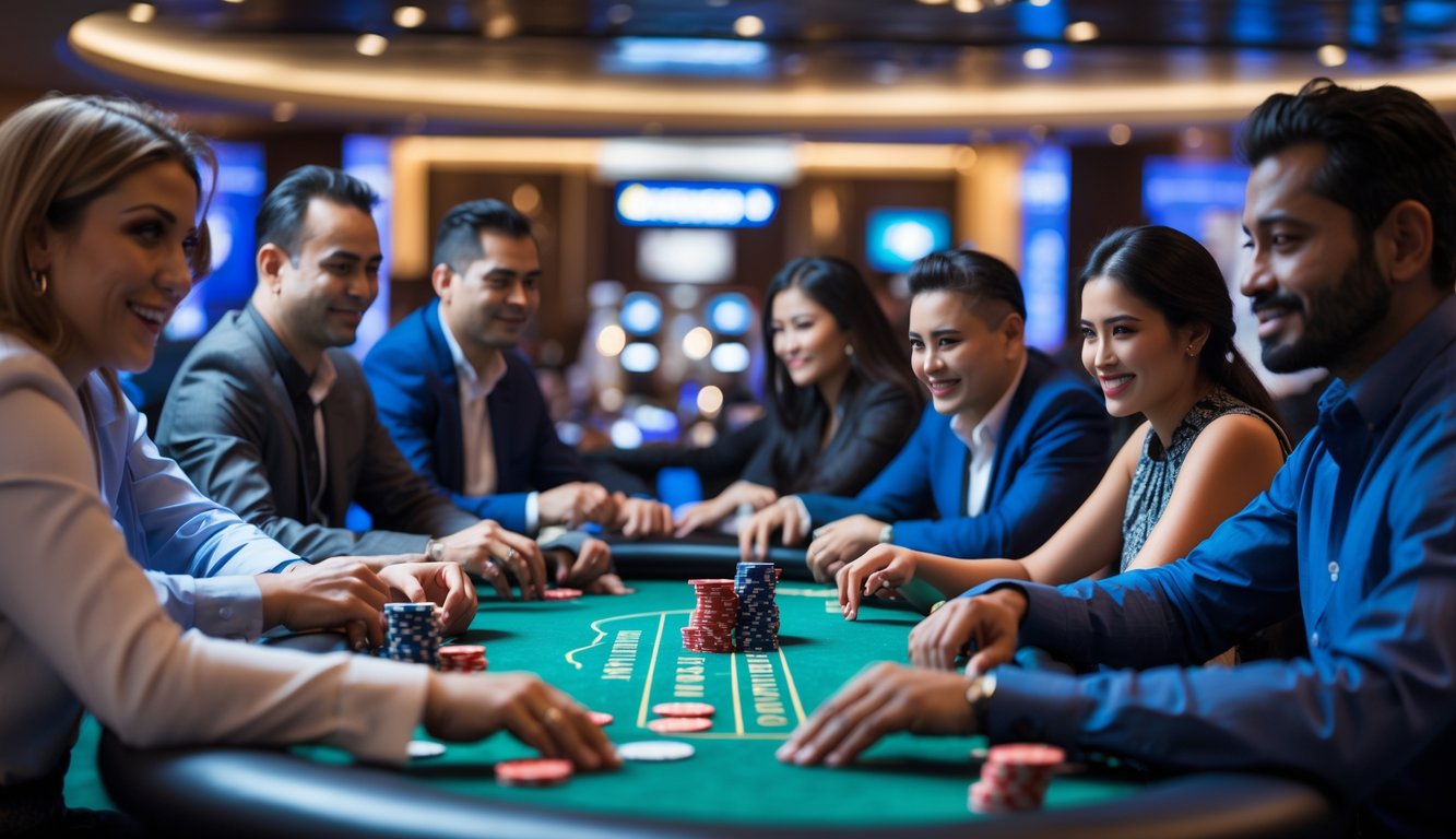 Beberapa orang dewasa bermain poker Badugi di meja kasino dengan suasana profesional dan pencahayaan yang baik.