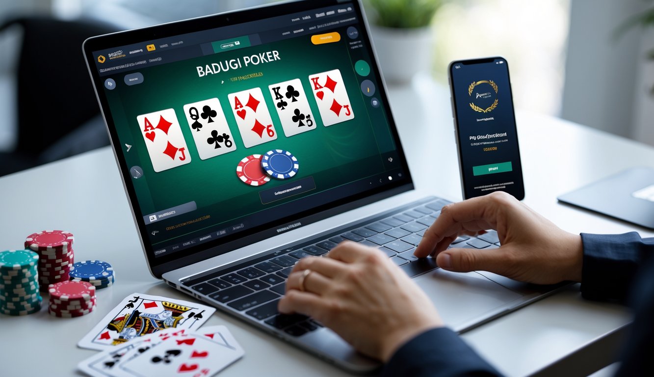 Seseorang bermain poker online di depan komputer dengan kartu dan chip poker di meja, menunjukkan suasana permainan poker Badugi yang terpercaya dan cepat.