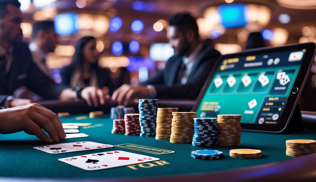 Meja poker dengan kartu, chip, dan perangkat digital yang menampilkan permainan poker online di latar belakang.