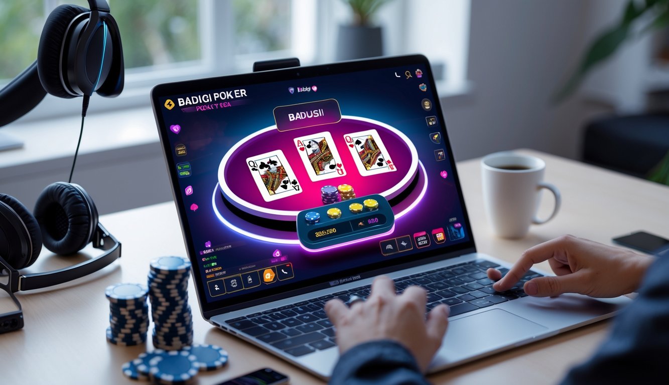 Seseorang bermain poker Badugi online di depan laptop dengan tumpukan chip poker di meja.