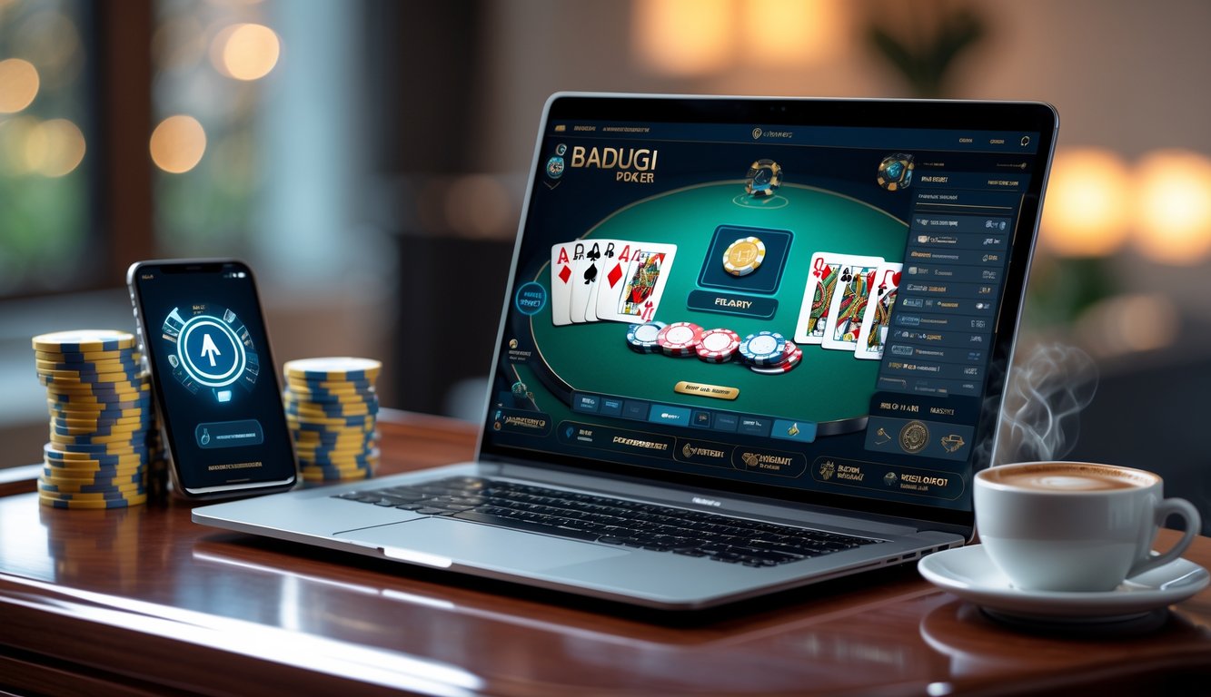 Meja dengan laptop yang menampilkan permainan poker online, tumpukan chip poker, dan ponsel di sampingnya.