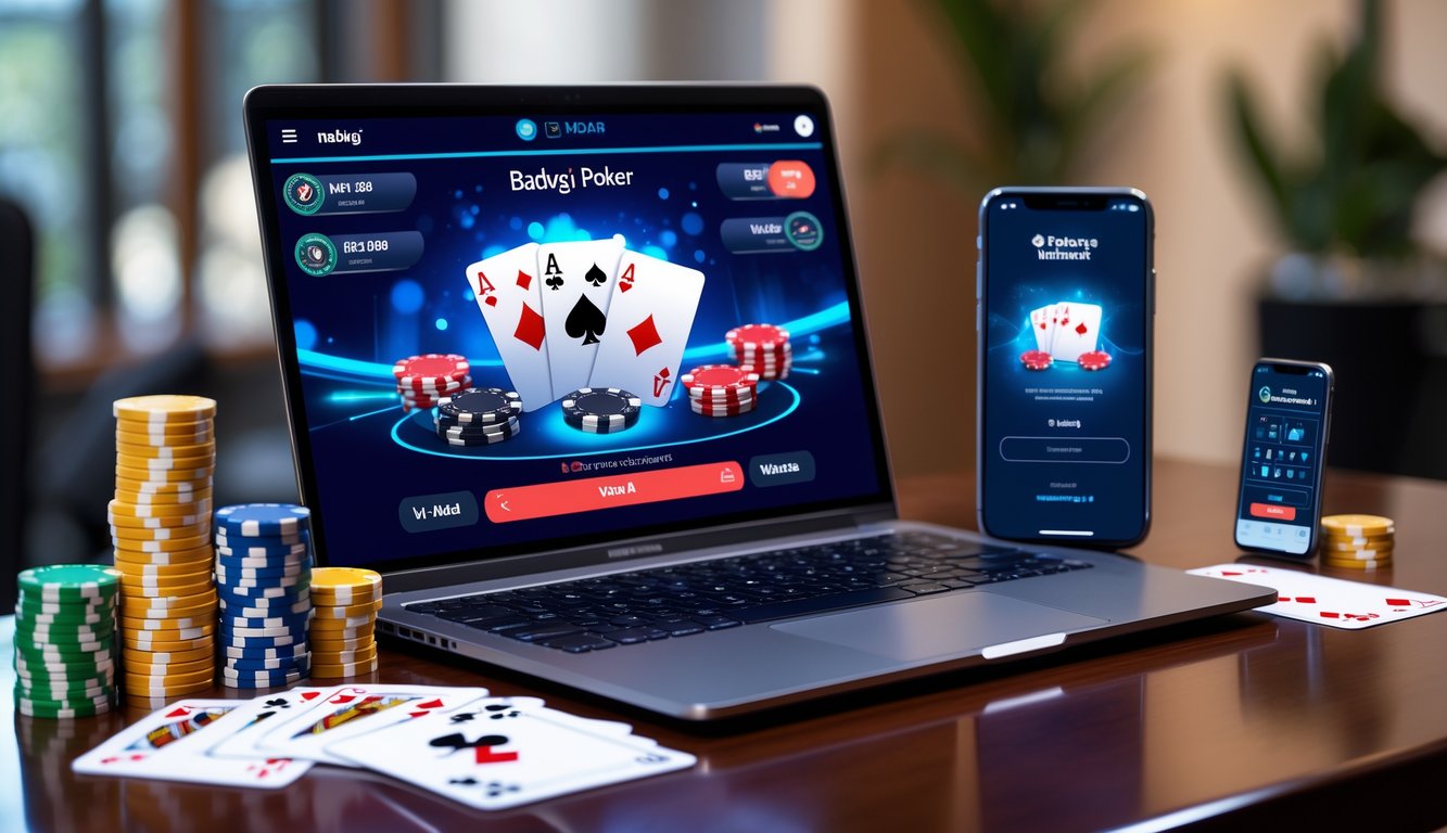 Sebuah laptop dan smartphone di atas meja kayu dengan kartu poker dan chip poker di sekitarnya.