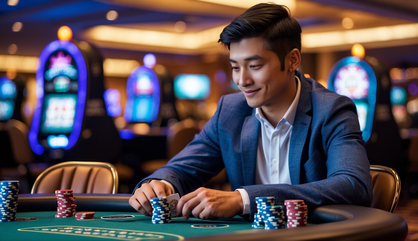 Seorang pria muda duduk di meja poker dengan kartu dan chip, terlihat fokus dan serius dalam suasana kasino yang terang.