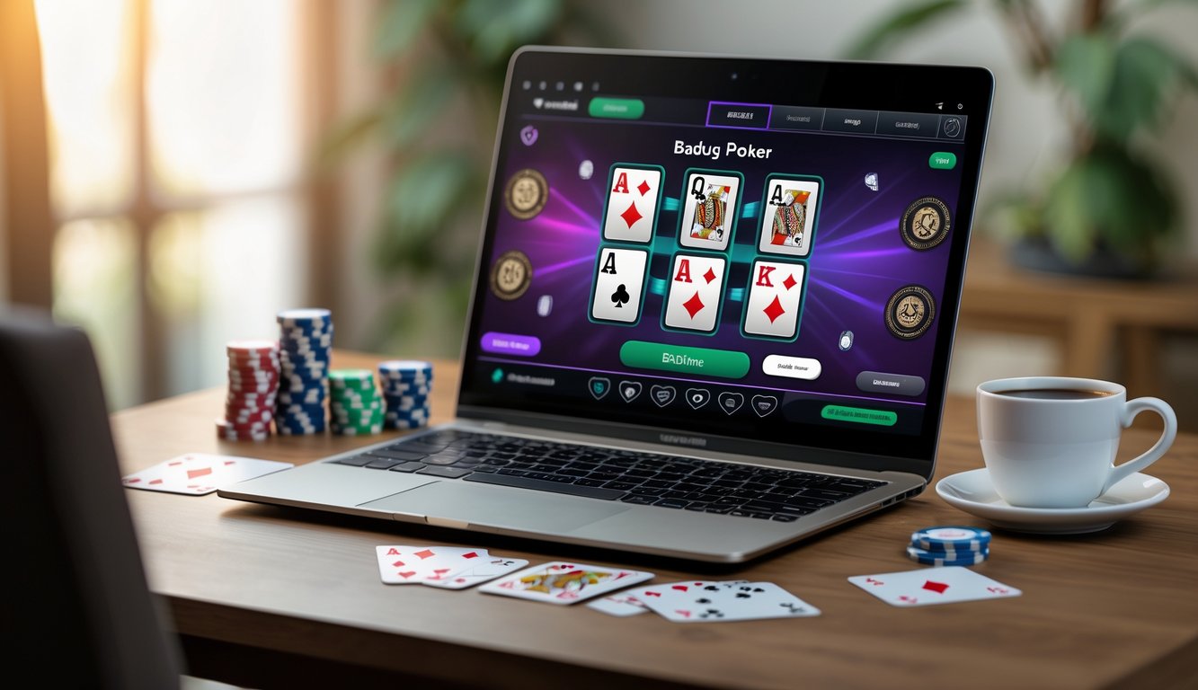 Seorang pemain poker online sedang menggunakan laptop dengan kartu dan chip poker di atas meja kayu.