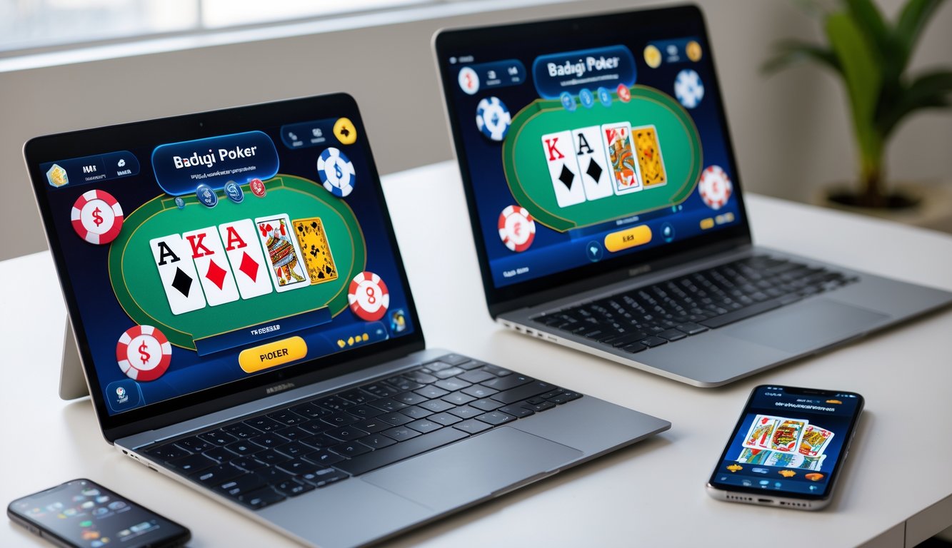 Seseorang menggunakan laptop dan ponsel untuk bermain poker online dengan kartu dan chip terlihat di layar.