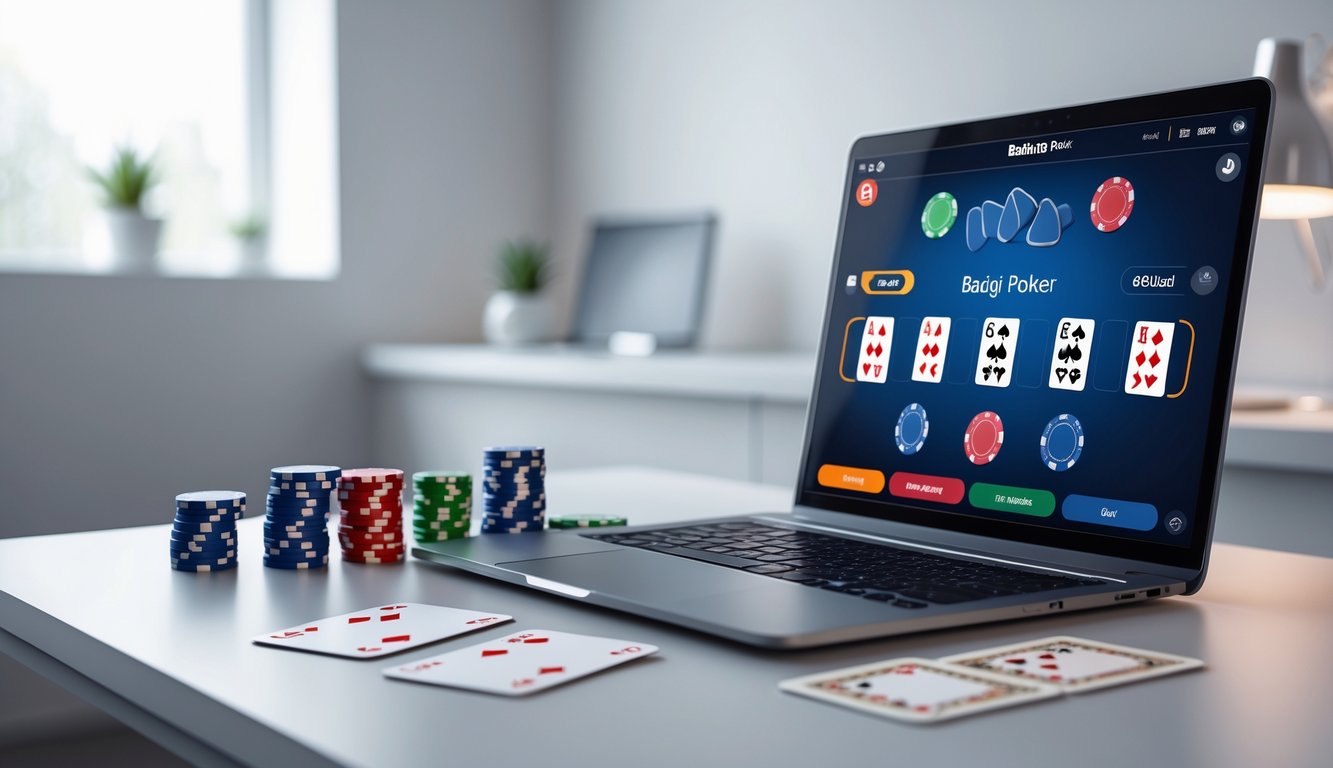 Sebuah meja kerja modern dengan laptop yang menampilkan permainan poker online, tumpukan chip poker berwarna-warni, dan kartu bermain yang rapi, menunjukkan suasana permainan poker online yang profesional dan mudah digunakan.