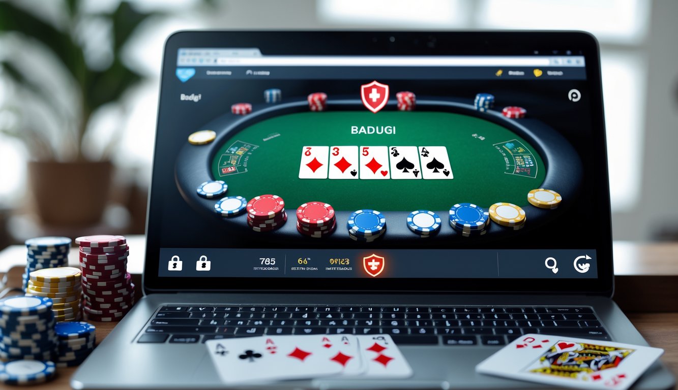 Suasana meja poker online dengan kartu dan chip poker di layar perangkat digital, menunjukkan lingkungan permainan yang aman dan terpercaya.
