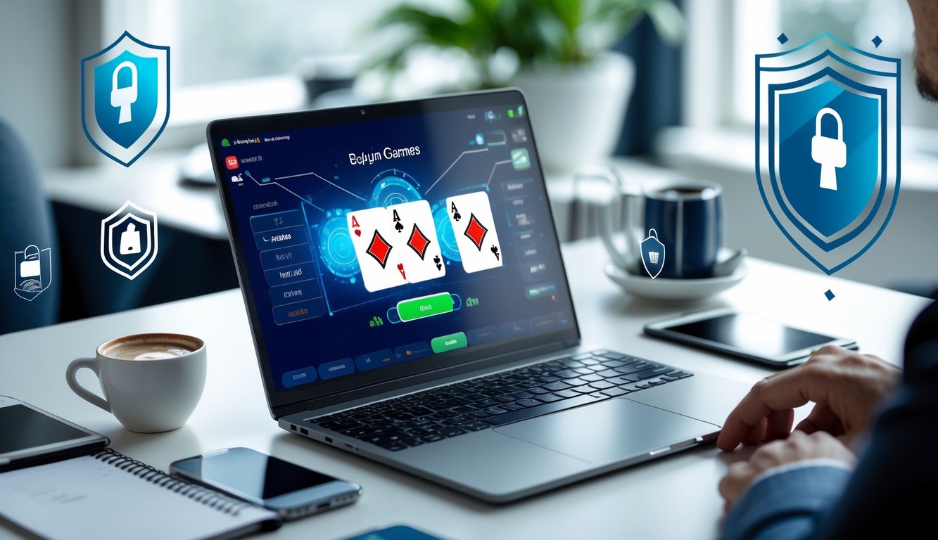Seorang profesional duduk di depan laptop dengan permainan poker Badugi di layar, dikelilingi simbol keamanan seperti gembok dan perisai, di ruang kerja yang rapi dan terang.
