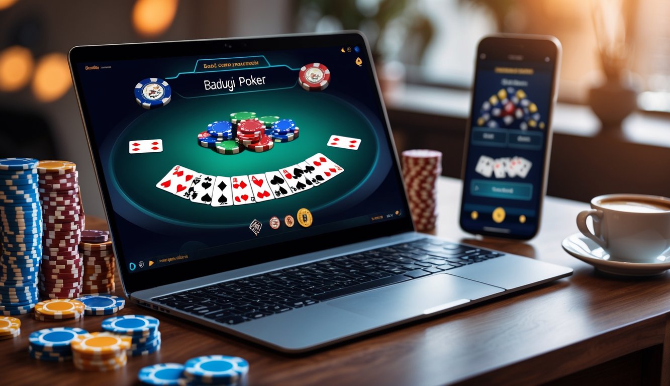 Sebuah meja kerja dengan laptop menampilkan permainan poker Badugi online, tumpukan chip poker, ponsel dengan aplikasi poker, dan secangkir kopi.