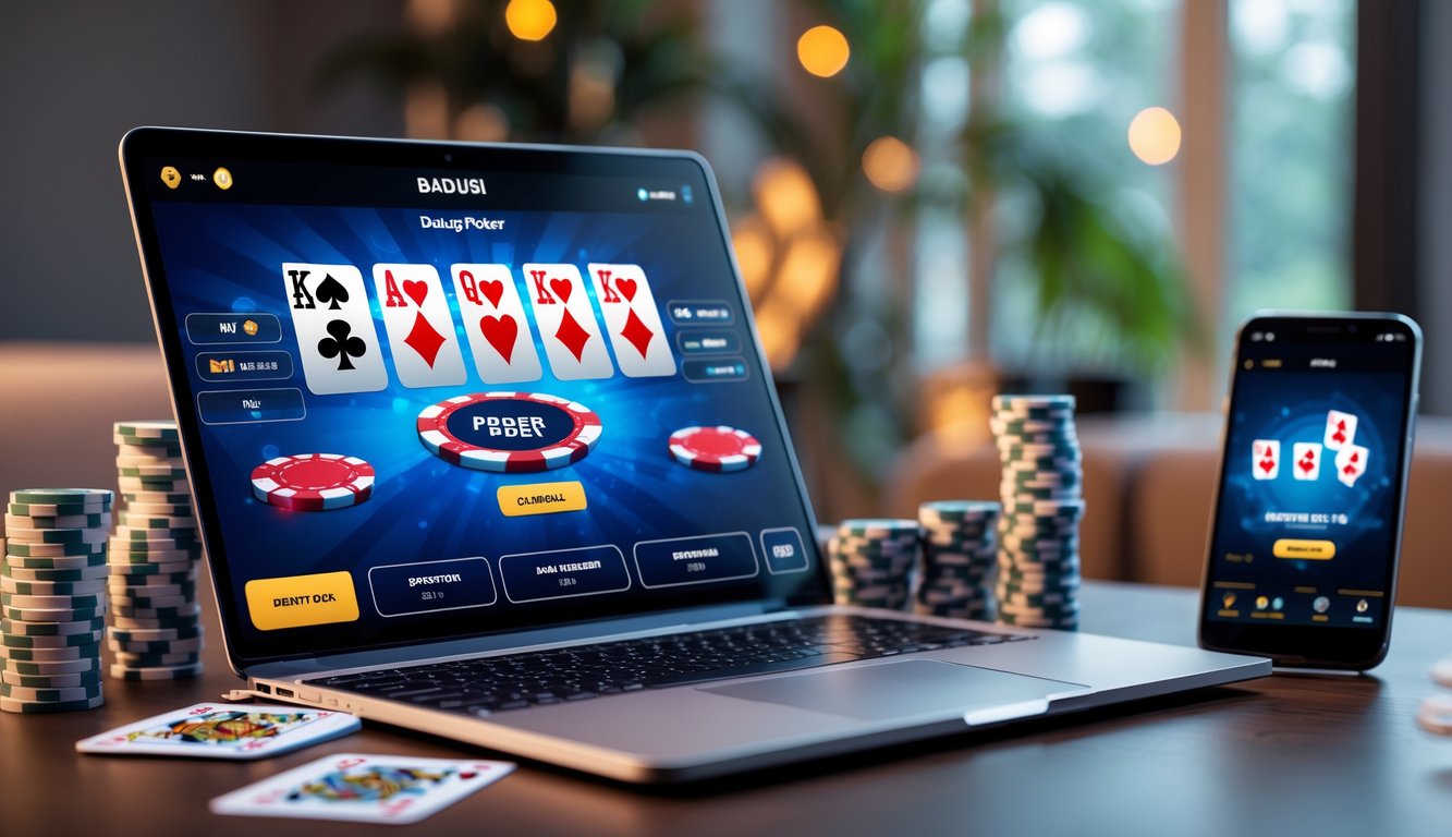 Seorang pemain poker menggunakan laptop dan smartphone untuk bermain poker Badugi online dengan tumpukan chip poker di meja.