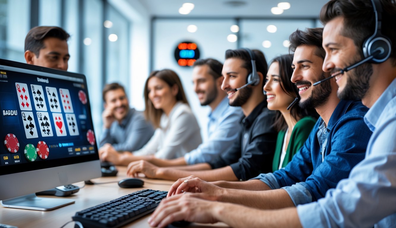 Orang-orang bermain poker online di depan komputer dengan seorang petugas layanan pelanggan memakai headset siap membantu.