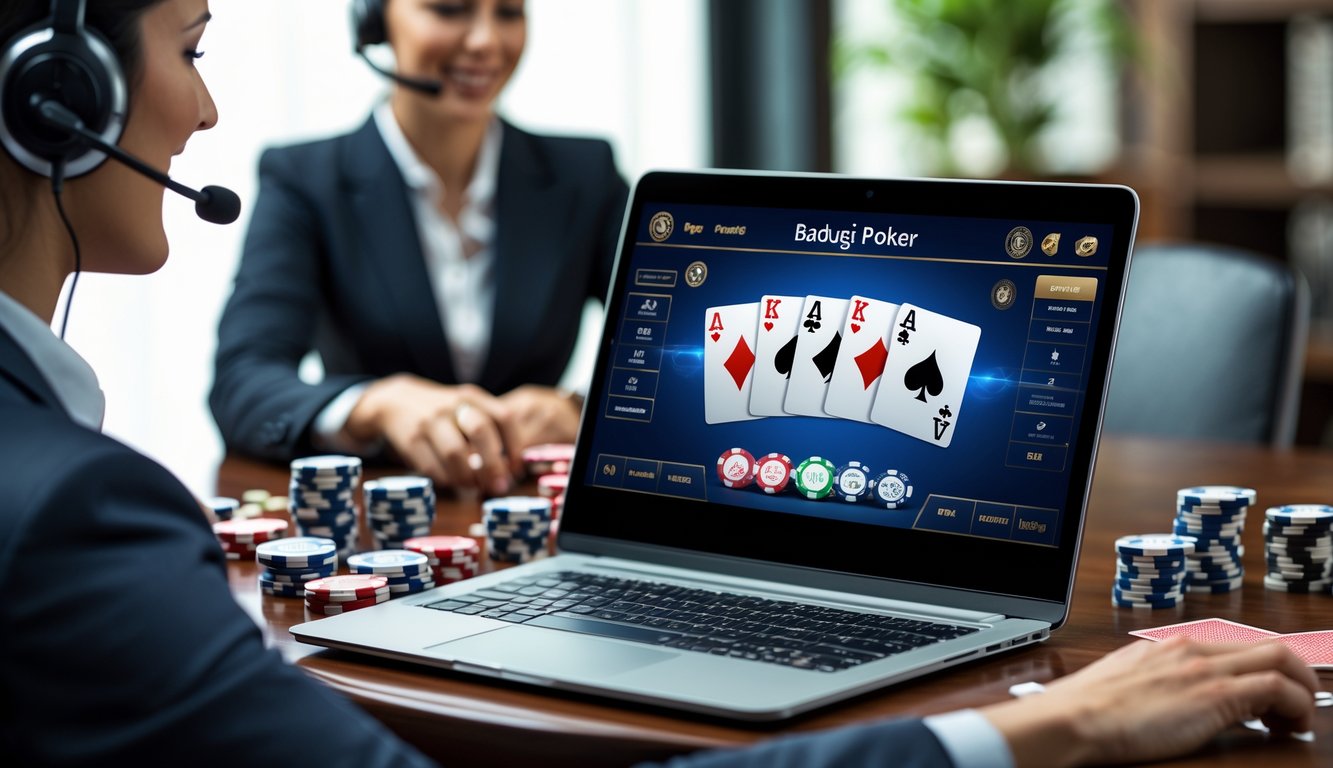 Seorang perwakilan layanan pelanggan dengan headset tersenyum di belakang meja dengan komputer yang menampilkan permainan poker Badugi dan tumpukan chip poker di atas meja.