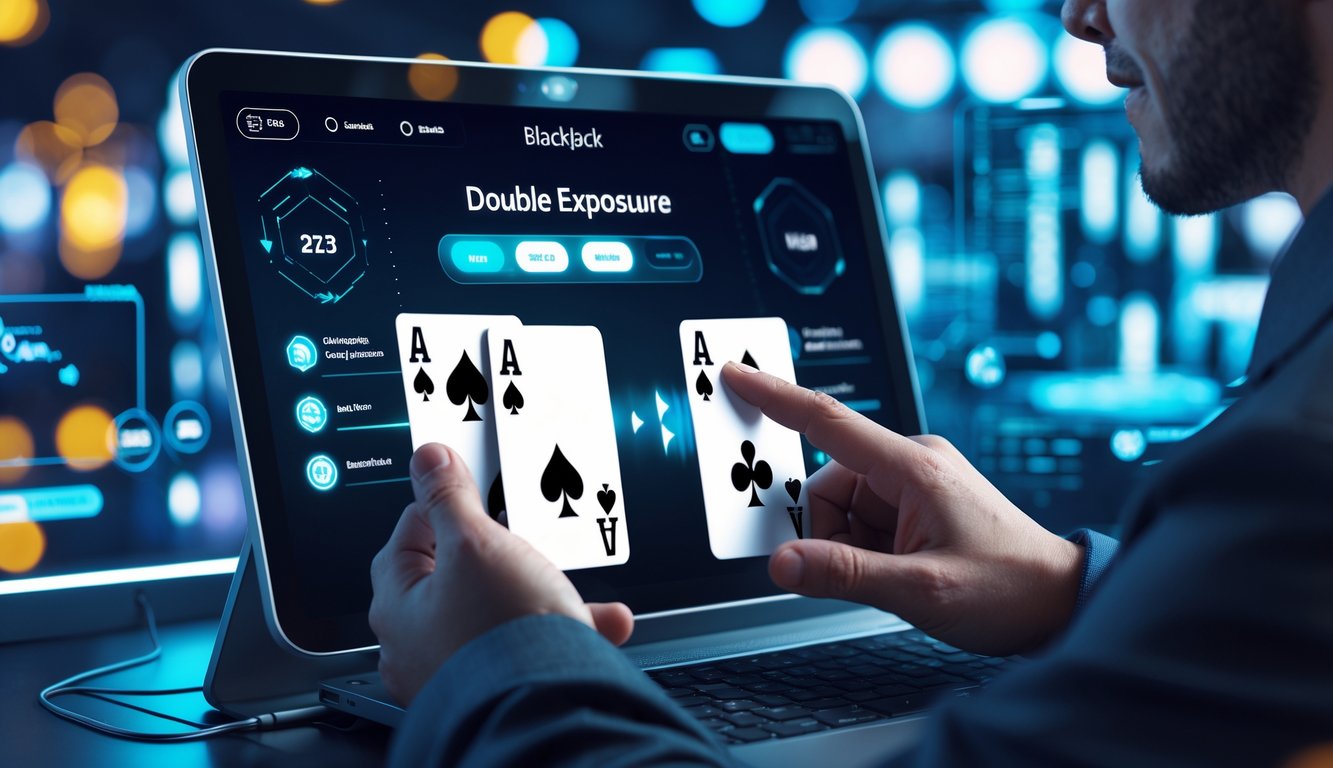 Seorang pemain menggunakan perangkat digital dengan tampilan kartu blackjack ganda dan ikon transaksi cepat dan aman di latar belakang futuristik.