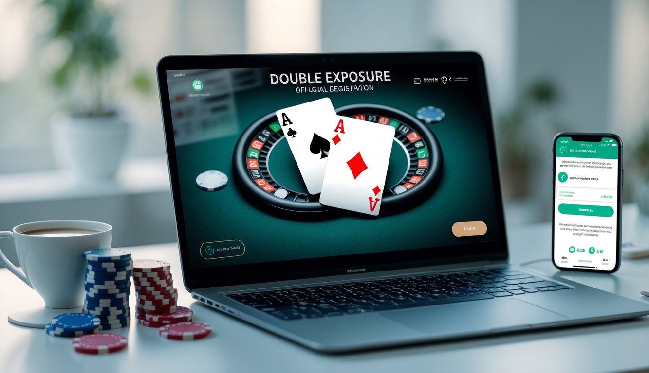 Seorang pengguna duduk di depan laptop dengan permainan blackjack online di layar, dikelilingi chip poker dan ponsel di atas meja.