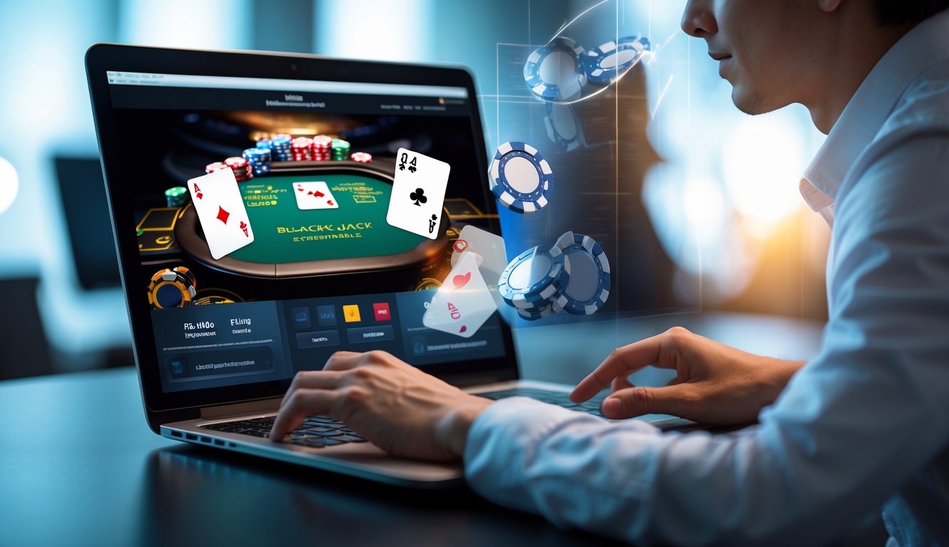 Seseorang sedang menggunakan laptop untuk bermain blackjack online dengan gambar kartu dan chip poker transparan di latar belakang.
