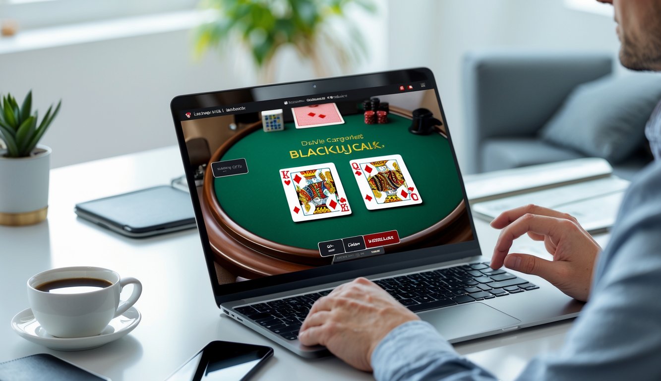 Seseorang menggunakan laptop di meja kerja dengan tampilan permainan blackjack online di layar.