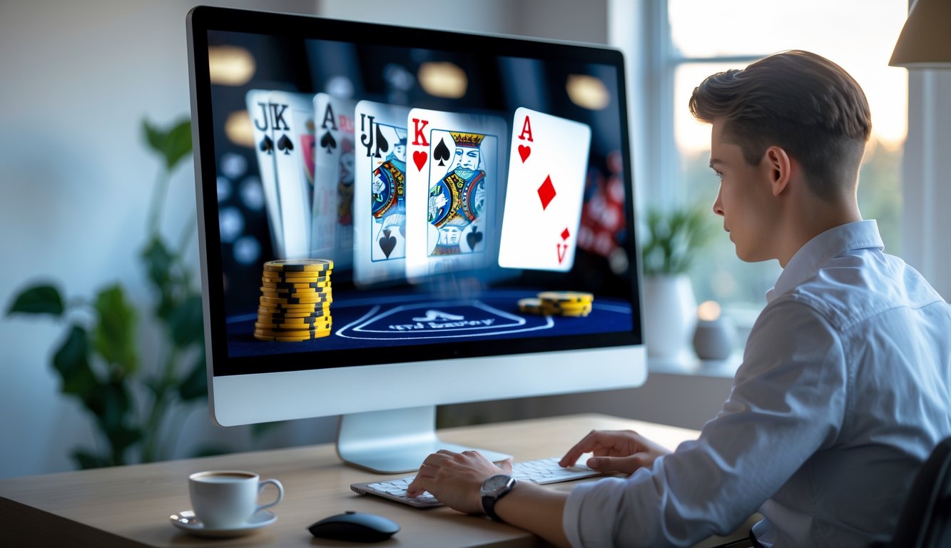 Seorang pria muda duduk di depan komputer dengan tampilan permainan blackjack online yang menampilkan efek double exposure kartu dan elemen digital, di ruang kerja yang terang dan rapi.