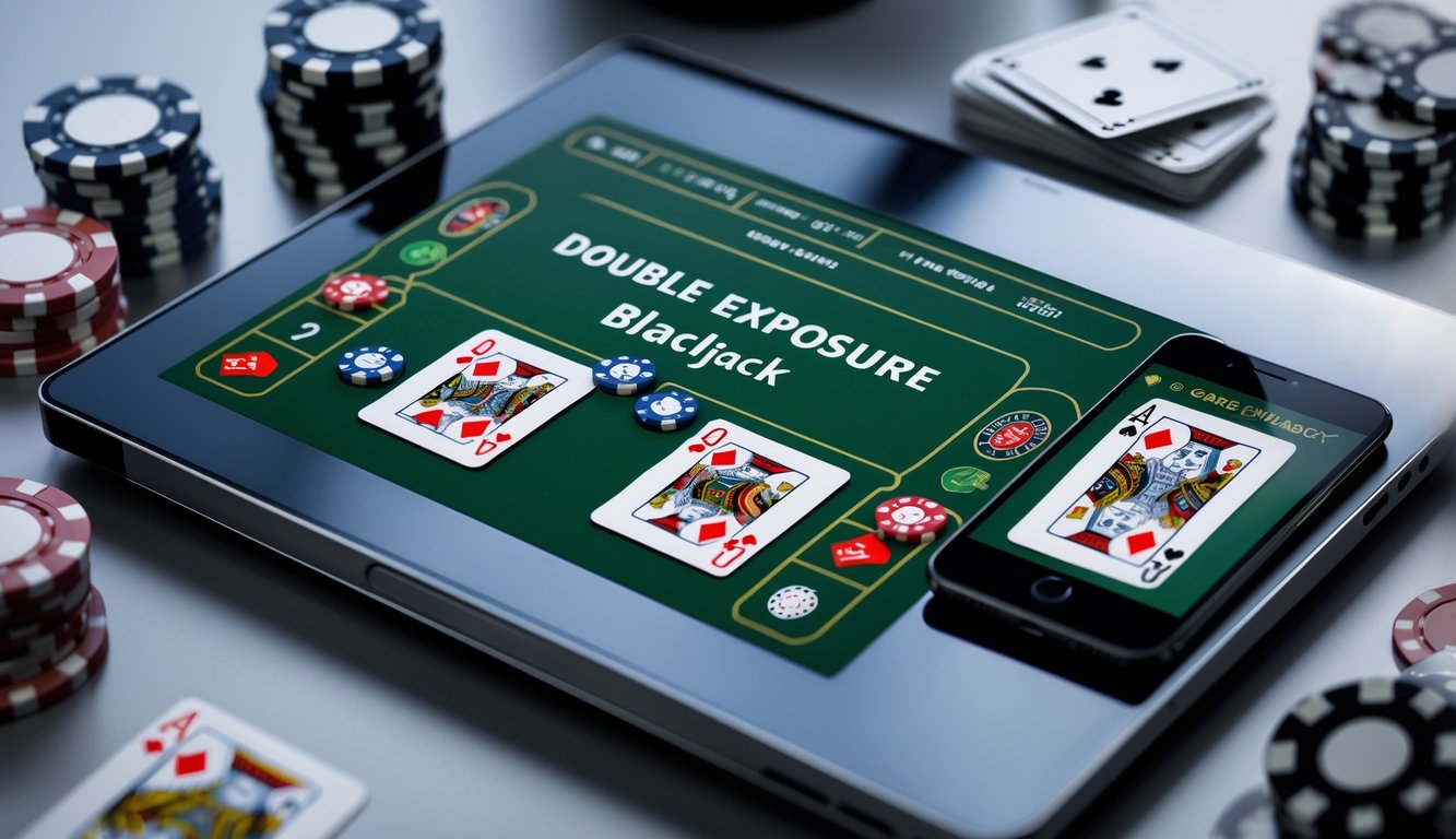 Seseorang menggunakan laptop dengan tampilan permainan blackjack online, di sekitar terdapat chip poker dan kartu remi.