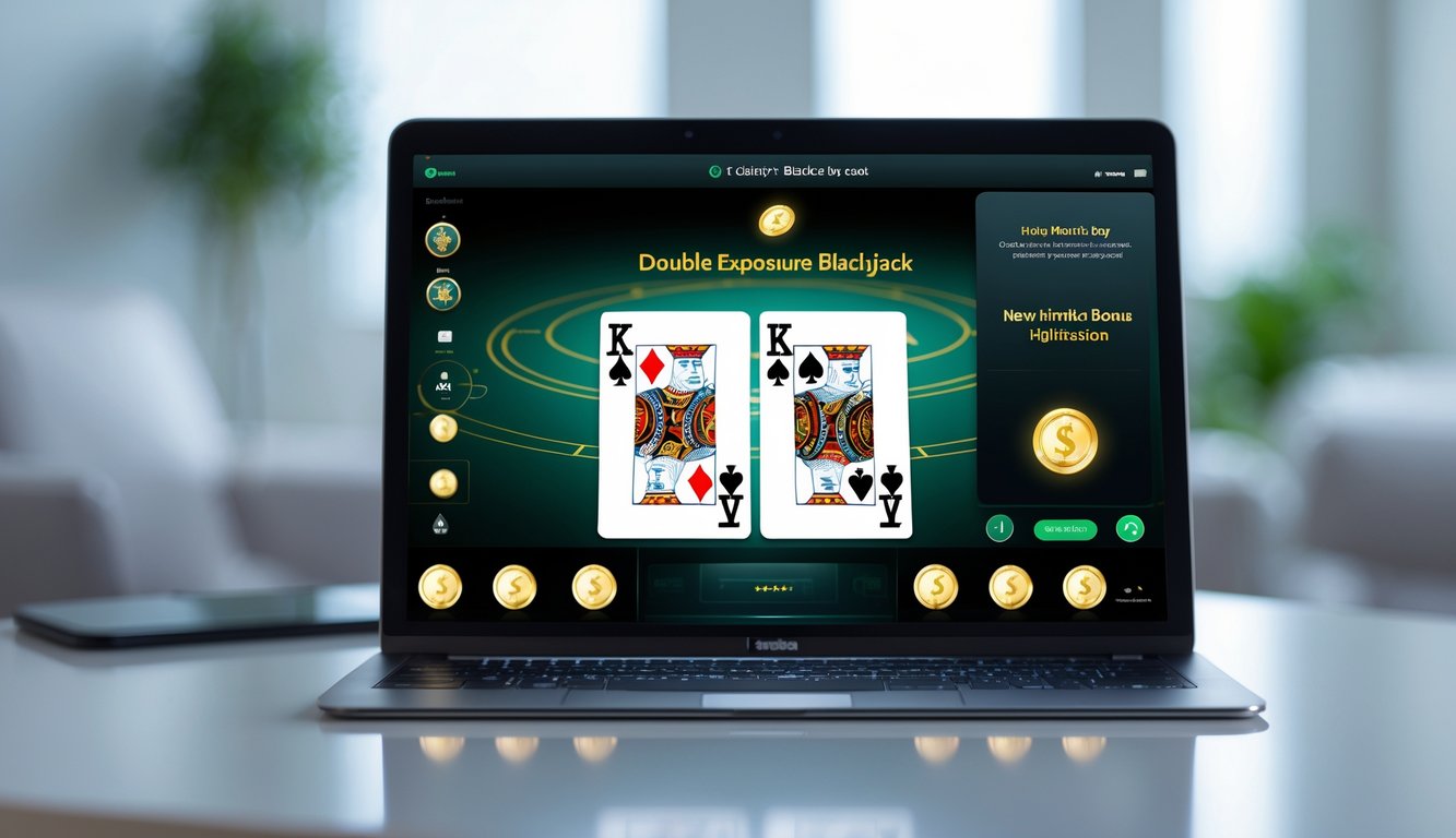 Seseorang bermain blackjack online di laptop dengan tampilan kartu ganda yang tumpang tindih dan elemen bonus di sekitar perangkat.