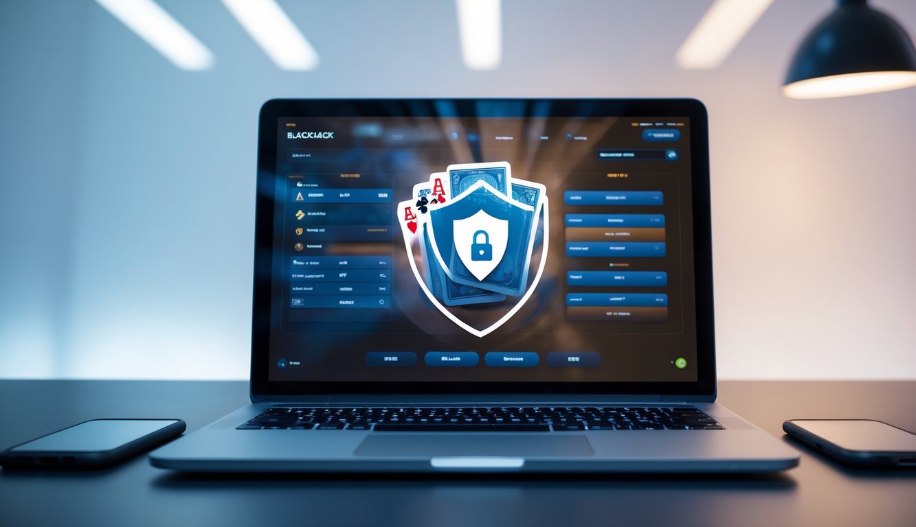 Layar laptop menampilkan permainan blackjack online dengan efek double exposure kartu dan chip serta simbol keamanan, di atas meja kerja minimalis.