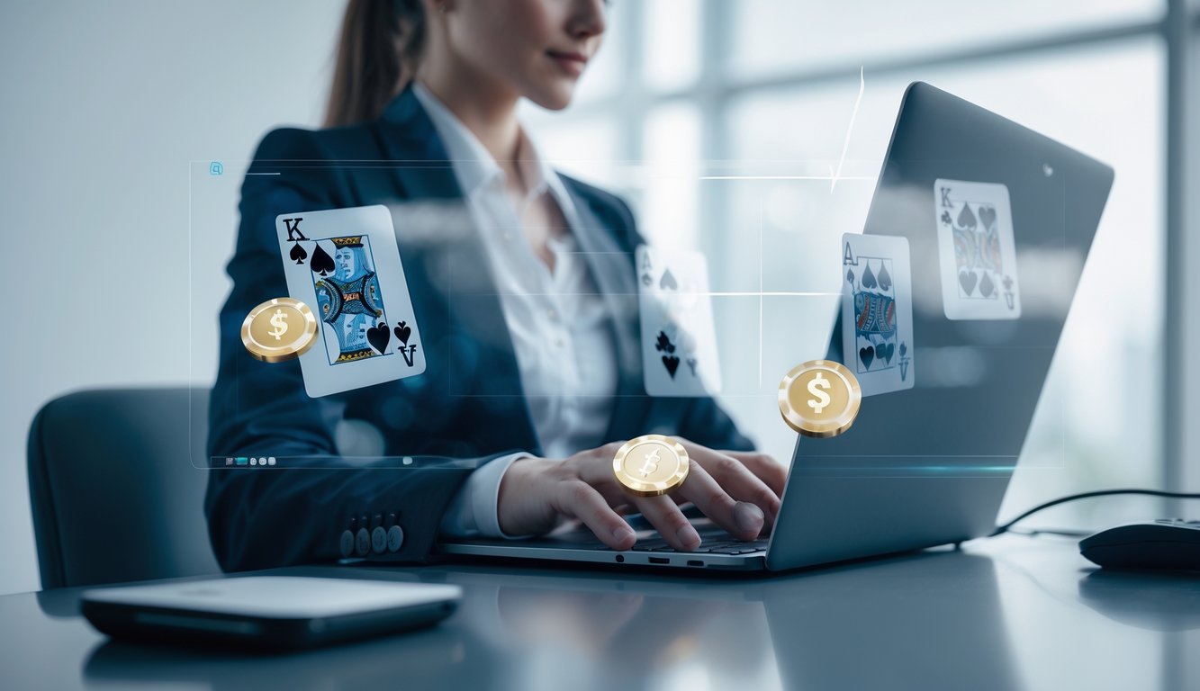 Seseorang duduk di depan laptop dengan kartu dan chip blackjack yang terlihat transparan di sekitarnya, menggambarkan permainan blackjack online.