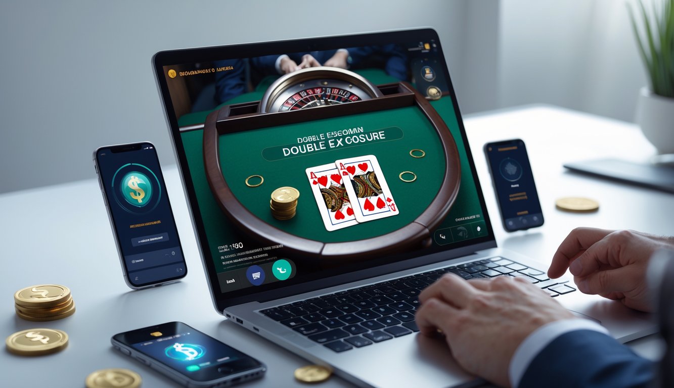 Seorang pengguna bermain blackjack online dengan kartu di layar komputer dan perangkat digital di meja kerja.
