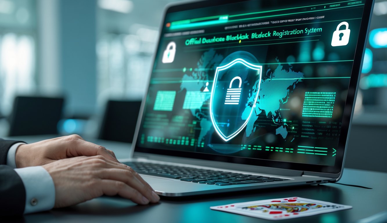 Antarmuka digital modern dengan meja blackjack dan simbol keamanan seperti perisai dan gembok di latar belakang teknologi.