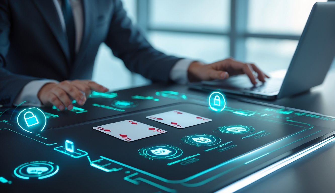 Seorang pengguna sedang bermain blackjack online dengan tampilan kartu ganda terbuka dan simbol keamanan digital di layar perangkat.