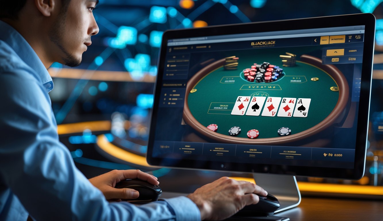 Seorang pemain sedang bermain blackjack online di depan layar komputer dengan kartu dan chip terlihat jelas.