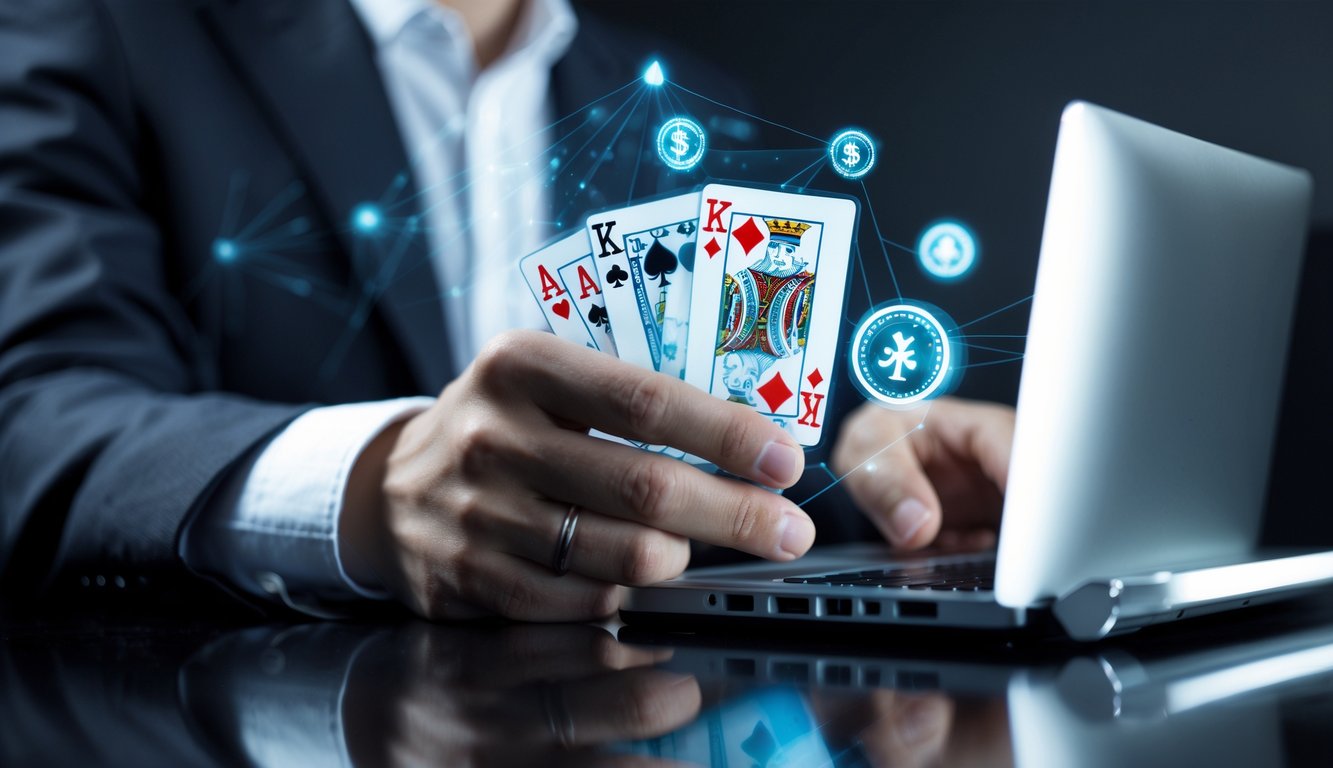 Tangan memegang kartu blackjack dengan latar belakang layar komputer yang menampilkan elemen permainan kasino online.