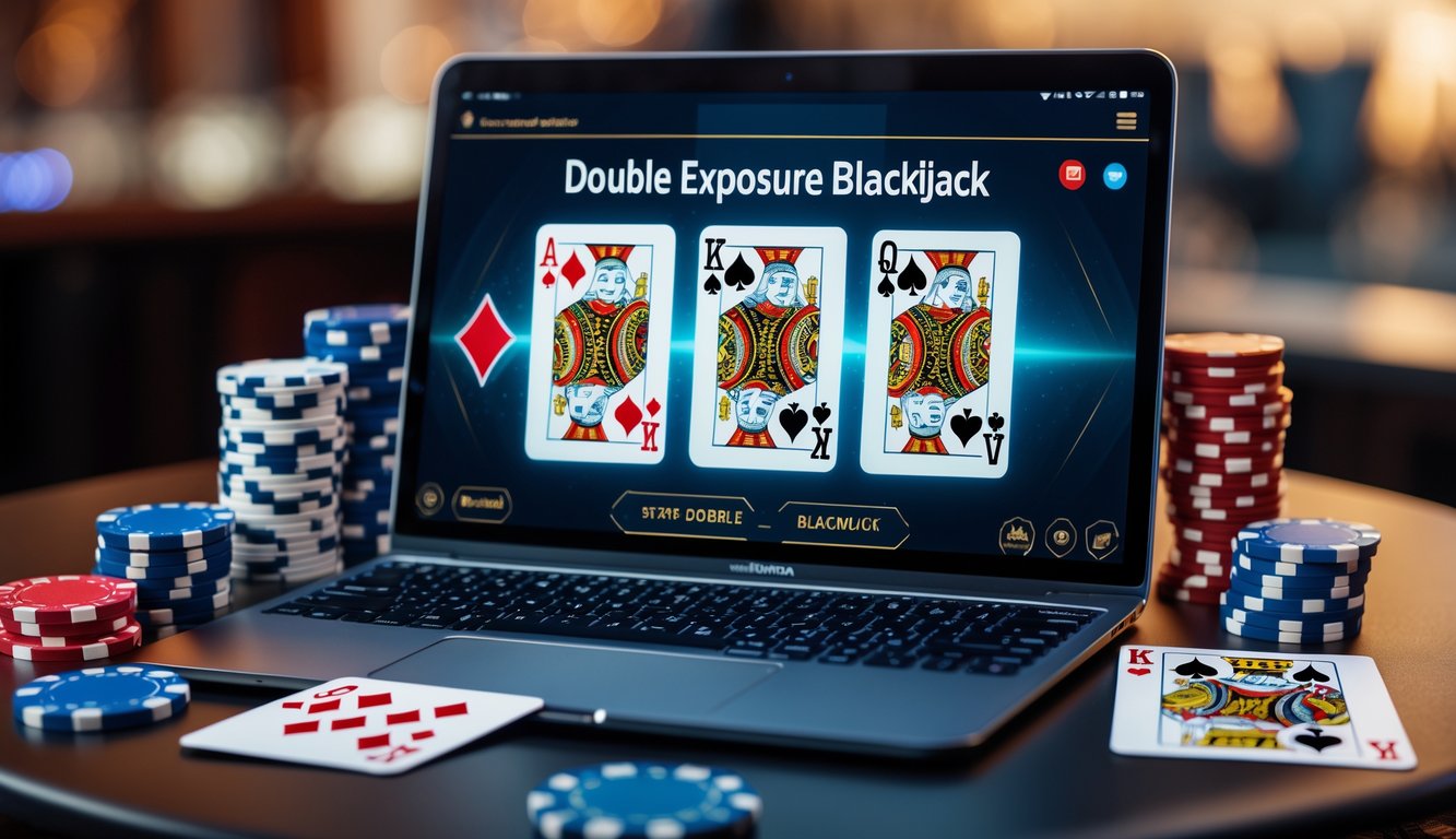 Sebuah laptop dengan tampilan permainan blackjack online, dikelilingi oleh chip poker dan kartu remi di atas meja.