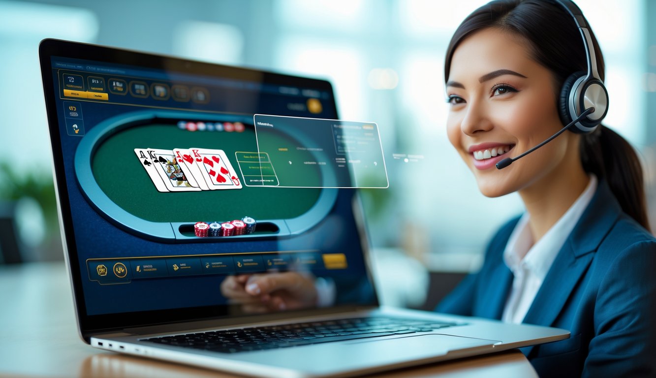 Seorang perwakilan layanan pelanggan dengan headset tersenyum di depan layar komputer yang menampilkan permainan blackjack online dengan kartu dan chip.