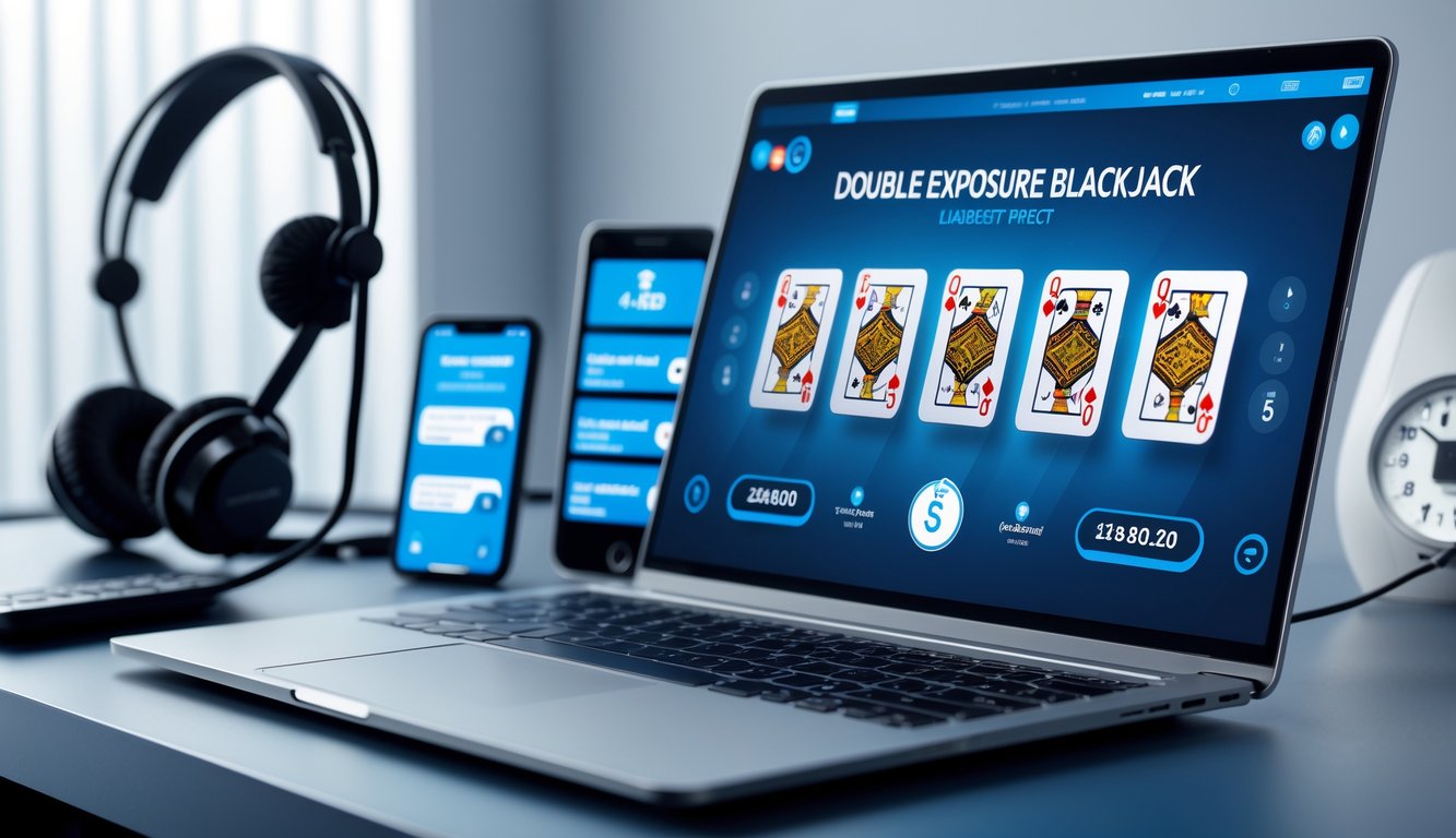 Seorang pengguna bermain blackjack online dengan kartu di layar komputer dan simbol layanan pelanggan 24 jam di meja kerja.