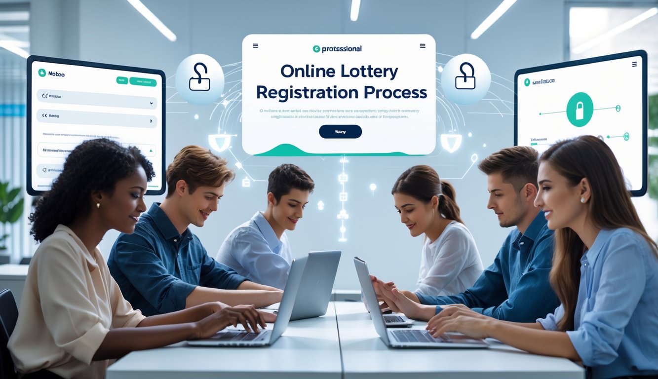 Sekelompok orang muda menggunakan laptop dan ponsel di kantor modern untuk mendaftar layanan togel online dengan suasana yang aman dan profesional.