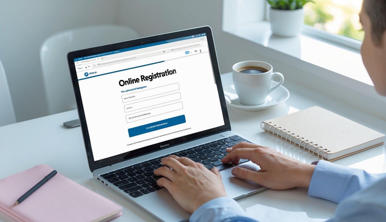 Seseorang sedang mengetik di laptop di meja kerja yang rapi dengan ponsel dan cangkir kopi di sampingnya.