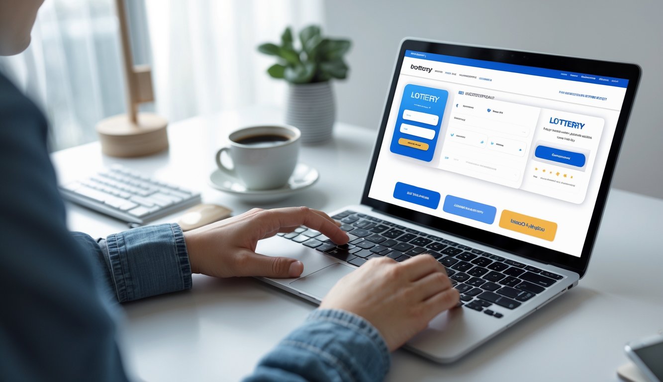 Seseorang menggunakan laptop di meja kerja yang rapi dengan cahaya alami, sedang mendaftar togel online.