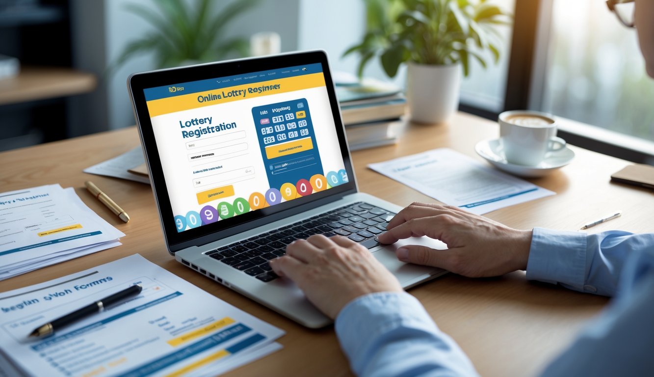 Sebuah ruang kerja dengan laptop yang menampilkan halaman pendaftaran togel online, dokumen dan kopi di atas meja, serta tangan seseorang yang sedang mengetik.