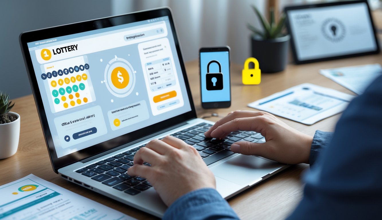 Seorang pengguna sedang mengetik di laptop dengan tampilan situs togel online, dikelilingi smartphone dan dokumen resmi di meja kerja.