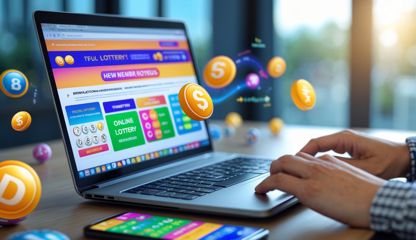 Orang menggunakan laptop dan ponsel di meja kerja dengan latar belakang elemen visual yang menggambarkan permainan togel online.