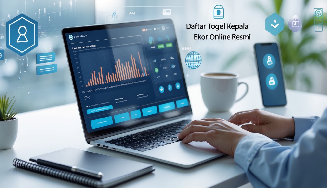 Seseorang menggunakan laptop di meja kerja modern dengan layar menampilkan antarmuka situs lotere online, dikelilingi oleh ponsel, kopi, dan buku catatan.