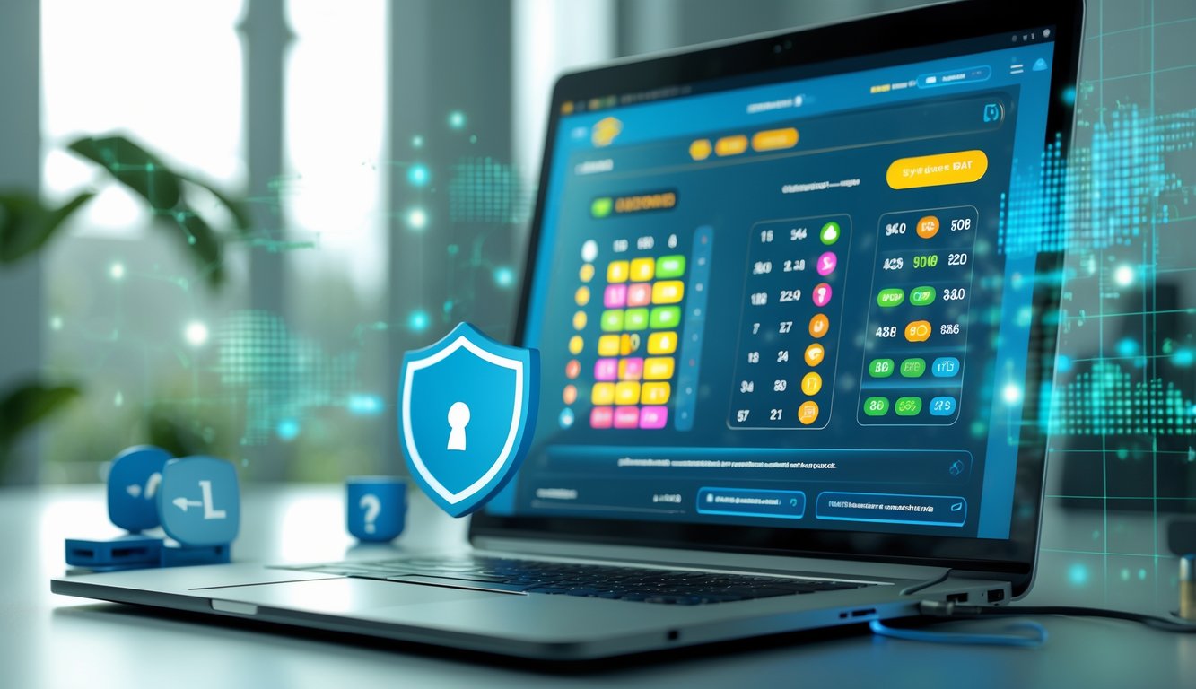Seorang pengguna sedang menggunakan komputer dengan antarmuka angka dan grafik lotere, di lingkungan kerja yang bersih dan aman.