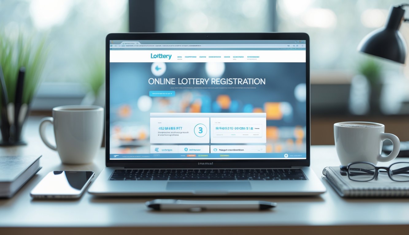 Meja kerja dengan laptop yang menampilkan halaman web, ponsel, cangkir kopi, buku catatan, dan kacamata, menggambarkan suasana pendaftaran togel online yang resmi dan aman.