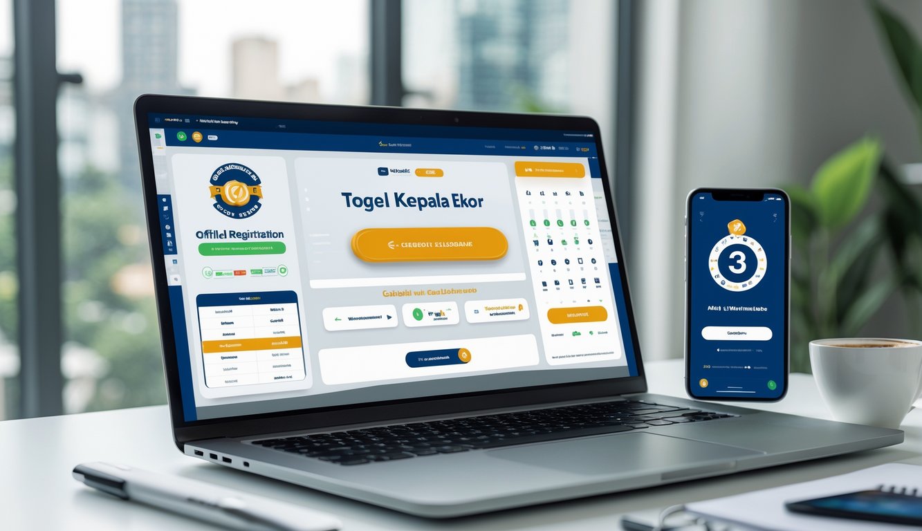 Seorang pria menggunakan laptop dan smartphone di meja kerja modern dengan suasana terang dan rapi, menggambarkan aktivitas taruhan togel online.