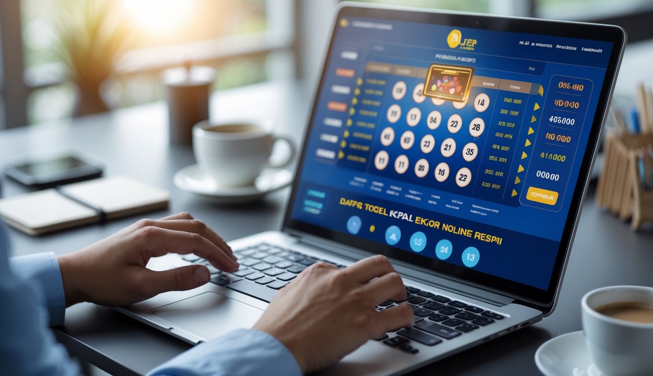 Seseorang menggunakan laptop di meja kerja dengan tampilan antarmuka lotere digital di layar, dikelilingi oleh smartphone, cangkir kopi, dan buku catatan.