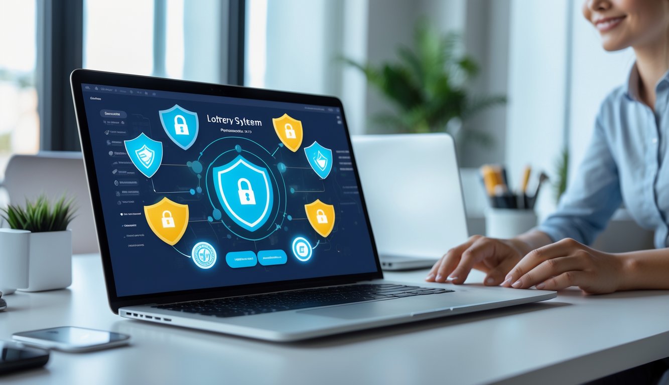 Seseorang menggunakan laptop di meja kerja yang rapi dengan ikon keamanan digital di layar.
